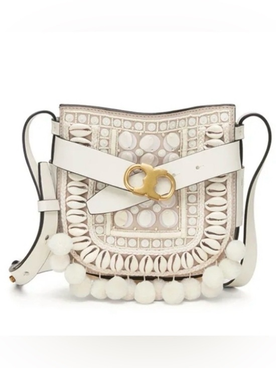 Tory Burch Handbags - Tory Burch White Gemini Link Embellished Pom-Pom Crossbody Bag